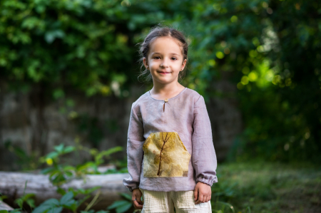 Cămăși - Cămașă din lână merinos extrafină vopsită și imprimată natural cu plante, pentru fată, 5 ani