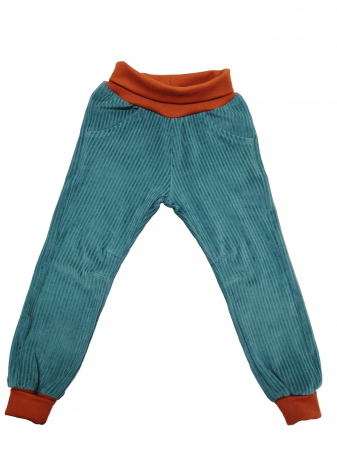 Pantaloni - Pantaloni din velur reiat organic verde-turquoise pentru copii