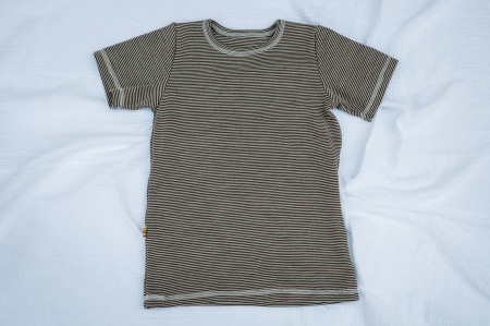 Fete - Tricou din jerse de lână merinos organică cu dungi maro, pentru copii
