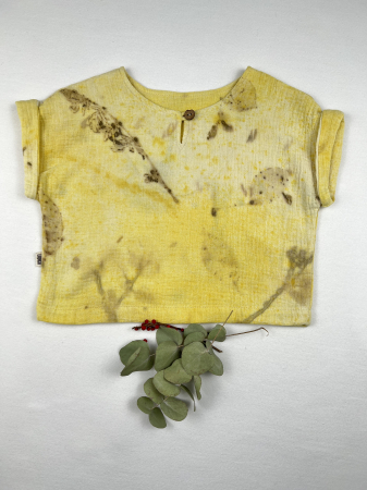 Ecoprint - Tricou din muselină de bumbac organic, imprimat natural cu plante-ecoprint, pentru fată, 4 ani, M104