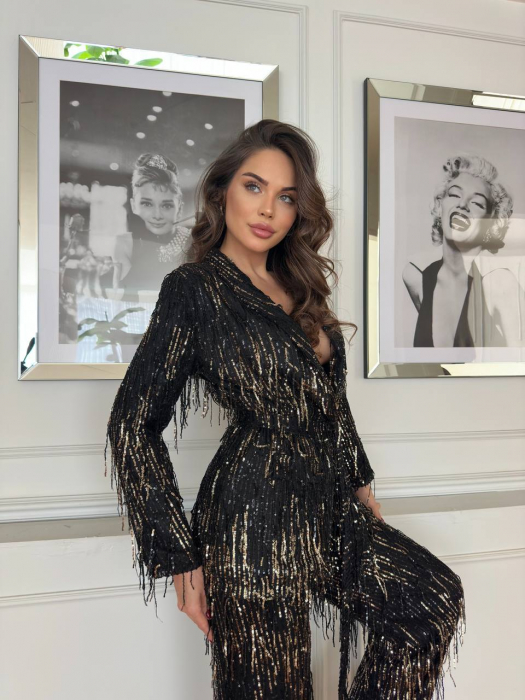 Compleu dama Negru cu paiete argintii Caroline, jacheta și pantalon cu paiete si franjuri [6]