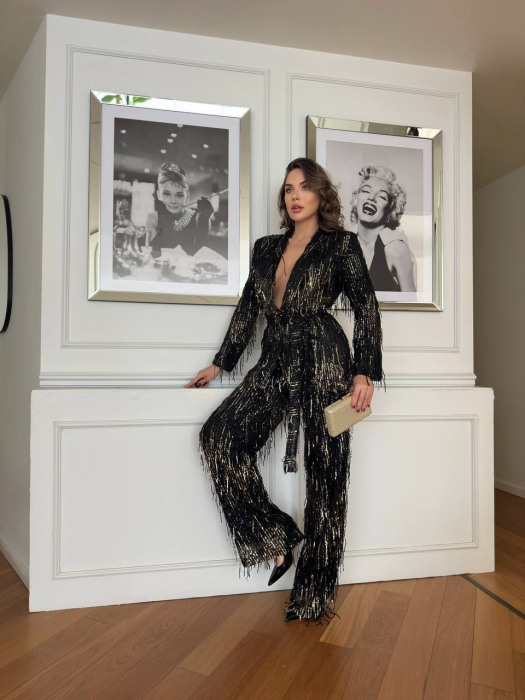 Compleu dama Negru cu paiete argintii Caroline, jacheta și pantalon cu paiete si franjuri [2]