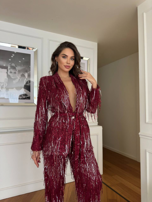 Compleu dama Rosu cu paiete argintii Caroline, jacheta și pantalon cu paiete si franjuri [3]