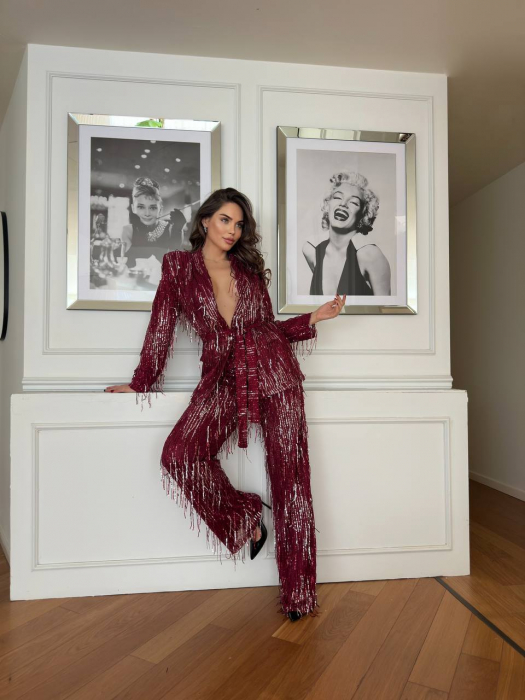 Compleu dama Rosu cu paiete argintii Caroline, jacheta și pantalon cu paiete si franjuri [2]