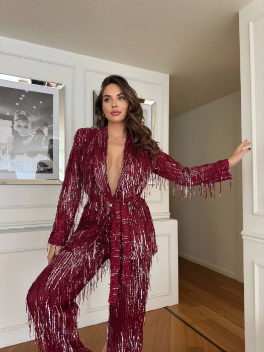 Compleu dama Rosu cu paiete argintii Caroline, jacheta și pantalon cu paiete si franjuri [1]