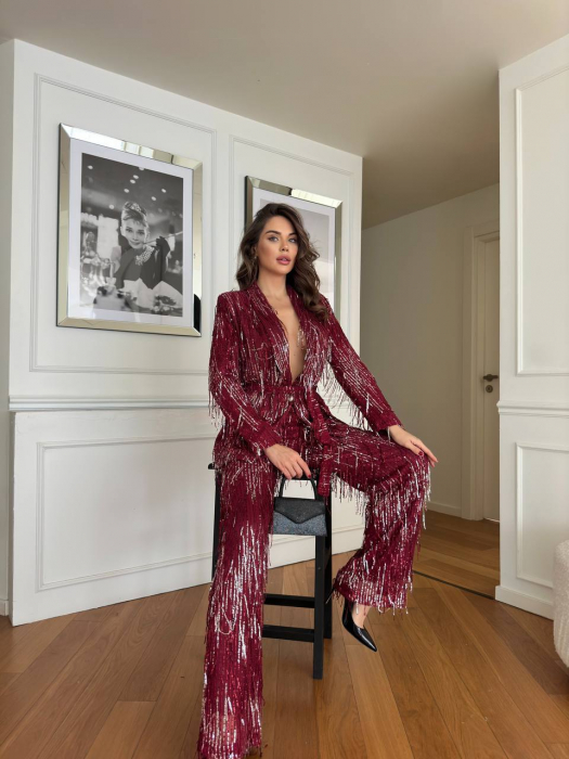 Compleu dama Rosu cu paiete argintii Caroline, jacheta și pantalon cu paiete si franjuri [5]