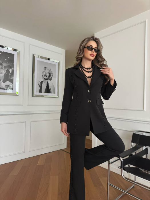 Costum Negru Lolly, Sacou cu croiala lunga si pantaloni evazati, cu perle si accesoriu pentru gat inclus N110019 [5]