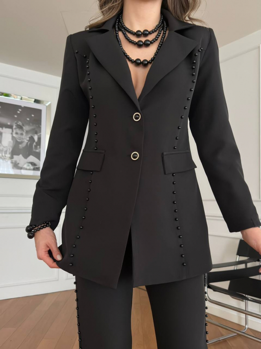 Costum Negru Lolly, Sacou cu croiala lunga si pantaloni evazati, cu perle si accesoriu pentru gat inclus N110019 [3]