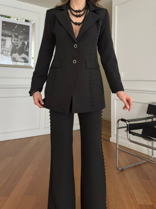 Costum Negru Lolly, Sacou cu croiala lunga si pantaloni evazati, cu perle si accesoriu pentru gat inclus N110019 [6]