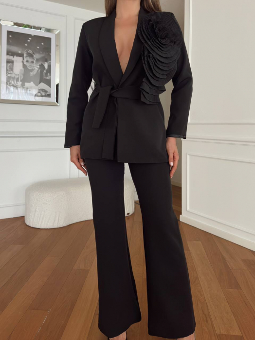 Costum alb Silvet, Sacou si Pantalon cu Floare 3D N110038 [6]