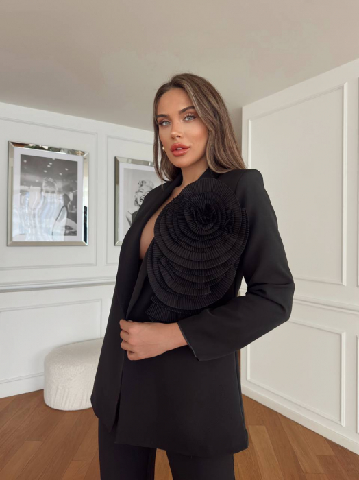 Costum alb Silvet, Sacou si Pantalon cu Floare 3D N110038 [3]