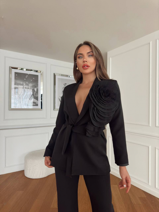 Costum alb Silvet, Sacou si Pantalon cu Floare 3D N110038 [1]