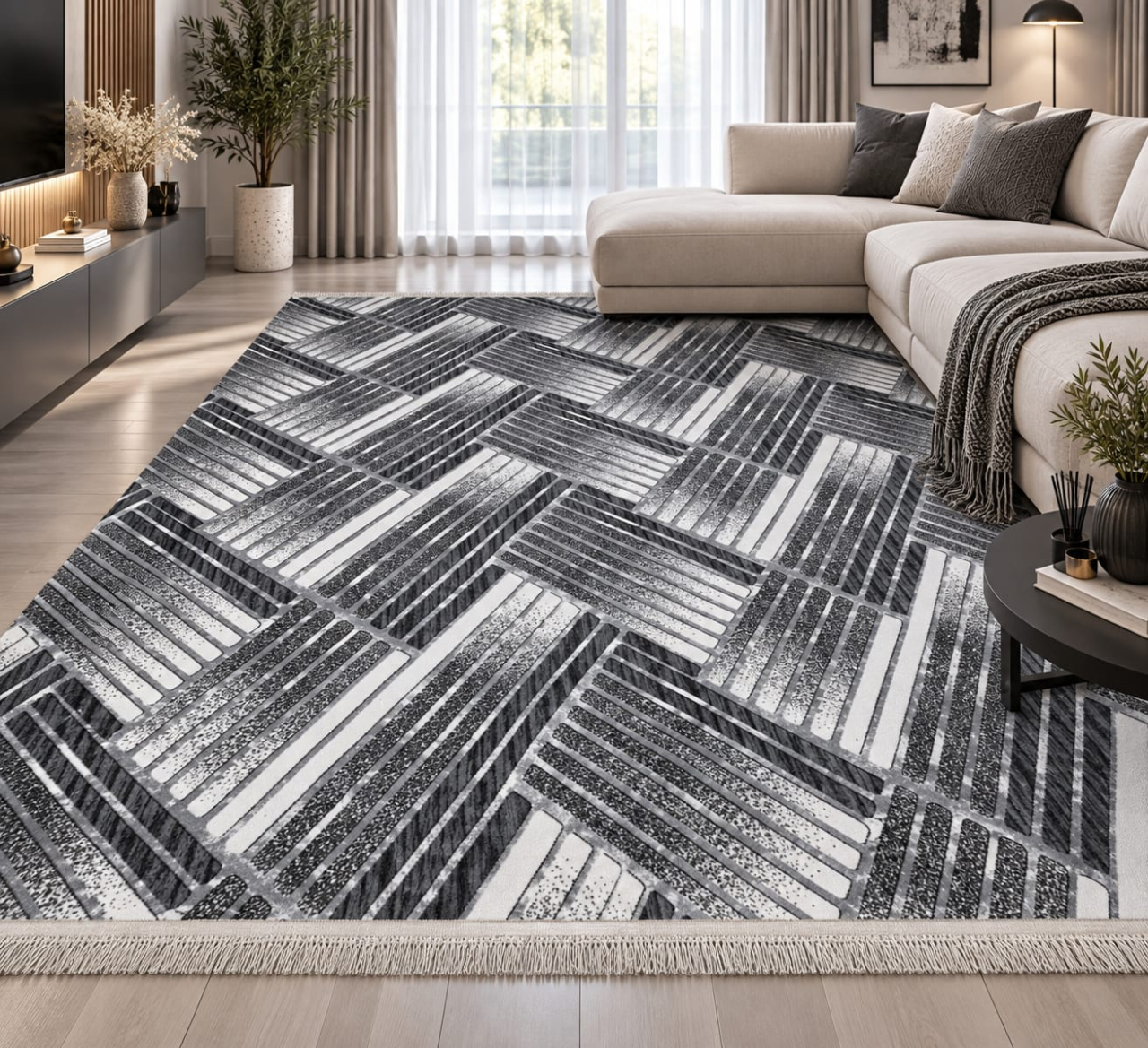 Covor 200x280 cm Lucrat pe Antiderapant - Model Parchet Gri OKY [2]
