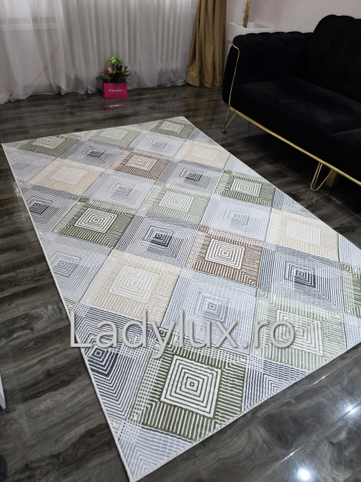 Covor modern 150x220 cm cu strat antiderapant – model geometric verde/maro/gri C1357-2 [4]