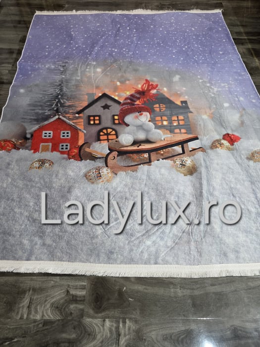 Covoraș subțire antiderapant cu motive de Crăciun – 140x180 cm- Om de zapada cu sanie [2]