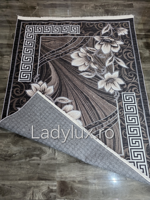 Covor Subțire din Poliester cu Antiderapant Maro cu flori – 140x180 cm -C1369 [4]