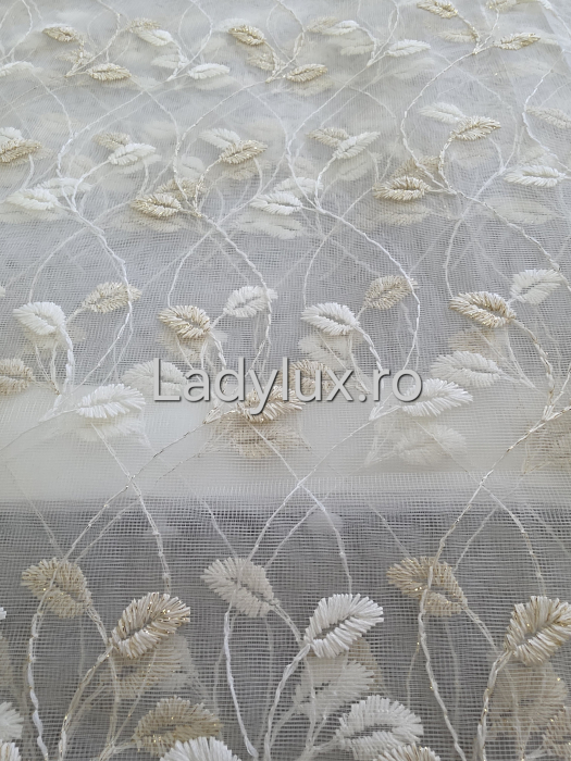 Perdea alba cu broderie Alba+Crem Frunzulite– gata cusuta cu tiv si rejansa - 3M x 2.5h [3]