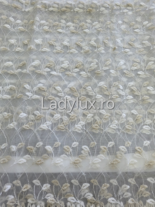 Perdea alba cu broderie Alba+Crem Frunzulite– gata cusuta cu tiv si rejansa - 3M x 2.5h [2]