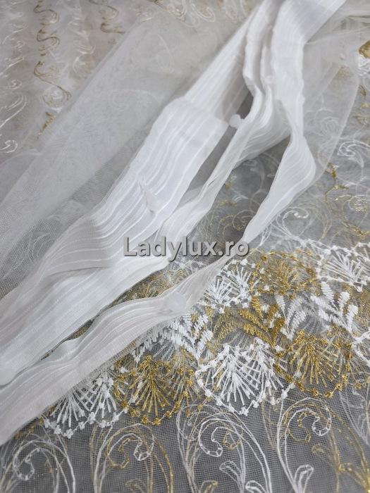 Perdea Tulle cu Broderie Alba+Aurie - Model Vaza - Cu Tiv si Rejansa - 3M x 2.5h [4]