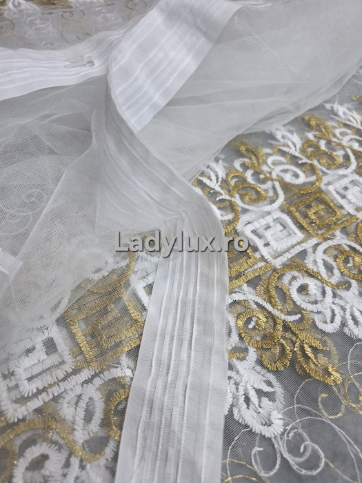 Perdea alba cu broderie Aurie Model VRS – gata cusuta cu tiv si rejansa - 4M x 2.8h [4]