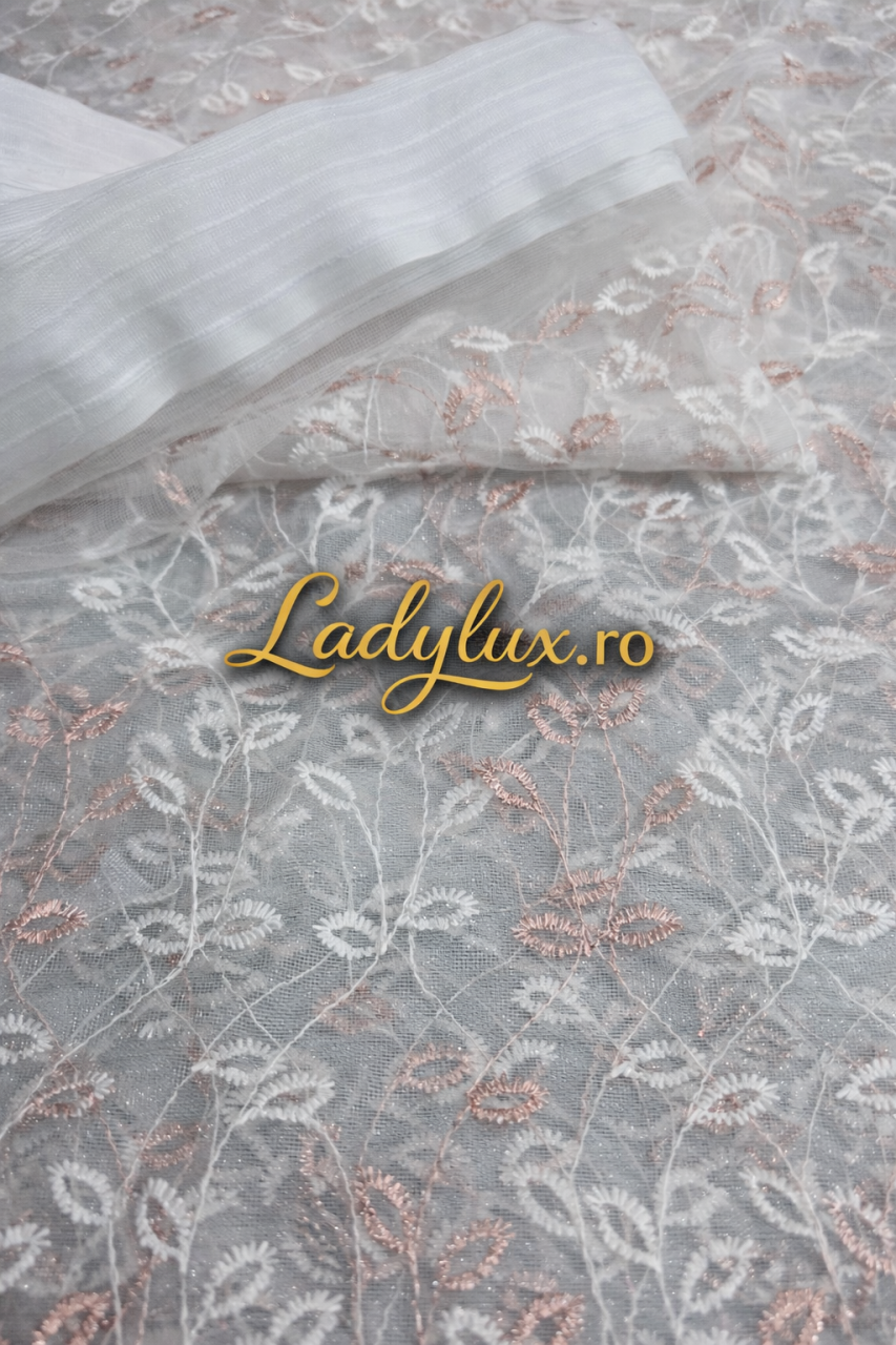 Perdea Tull Cu Broderie Alba+Roz - Model Frunzulita Cu Tiv si Rejansa - 4M x 2.5h [2]