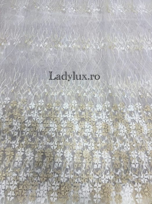 Perdea alba cu broderie Aurie Model Floral – gata cusuta cu tiv si rejansa - 3M x 2.5h [2]