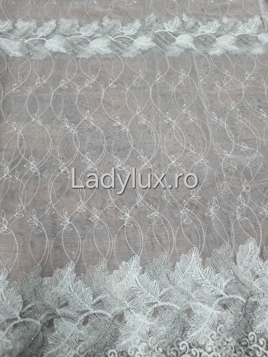 Perdea alba cu broderie Gri Model Frunze– gata cusuta cu tiv si rejansa - 3M x 1.9 h [2]