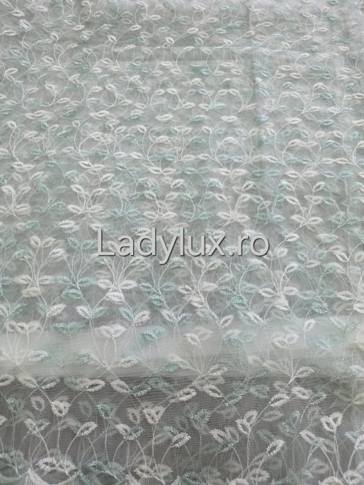 Perdea alba cu broderie Turcoaz frunze– gata cusuta cu tiv si rejansa - 3M x 2.5h [2]