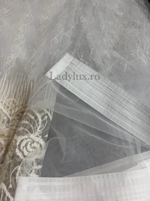 Perdea din Tull cu Model – 4 m x 2.8 m, Cusută cu Tiv și Rejansă de 6 cm - Broderie Bej C1590 [4]