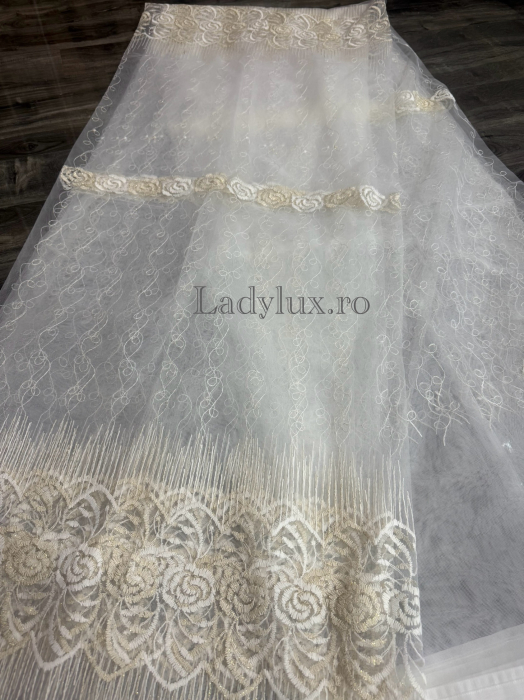 Perdea din Tull cu Model – 4 m x 2.8 m, Cusută cu Tiv și Rejansă de 6 cm - Broderie Bej C1590 [3]