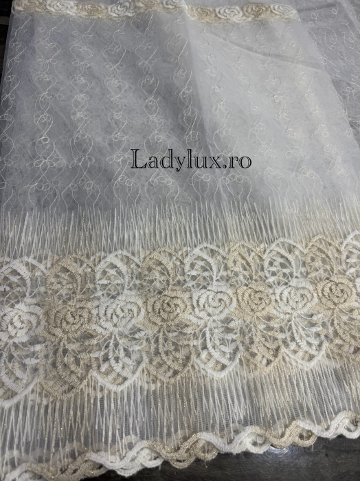 Perdea din Tull cu Model – 4 m x 2.8 m, Cusută cu Tiv și Rejansă de 6 cm - Broderie Bej C1704 [1]