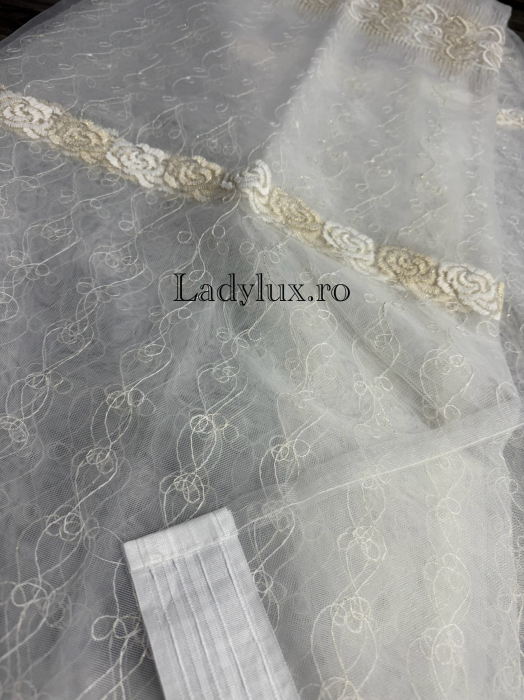 Perdea din Tull cu Model – 4 m x 2.8 m, Cusută cu Tiv și Rejansă de 6 cm - Broderie Bej C1704 [4]