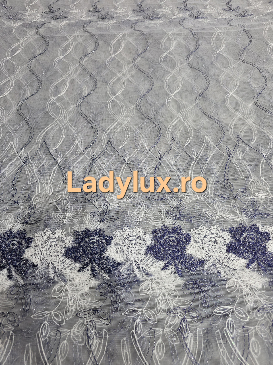 Perdea Tulle cu broderie Alb+Albastru - Model Trandafir Albastru 4M x 2.5h [2]