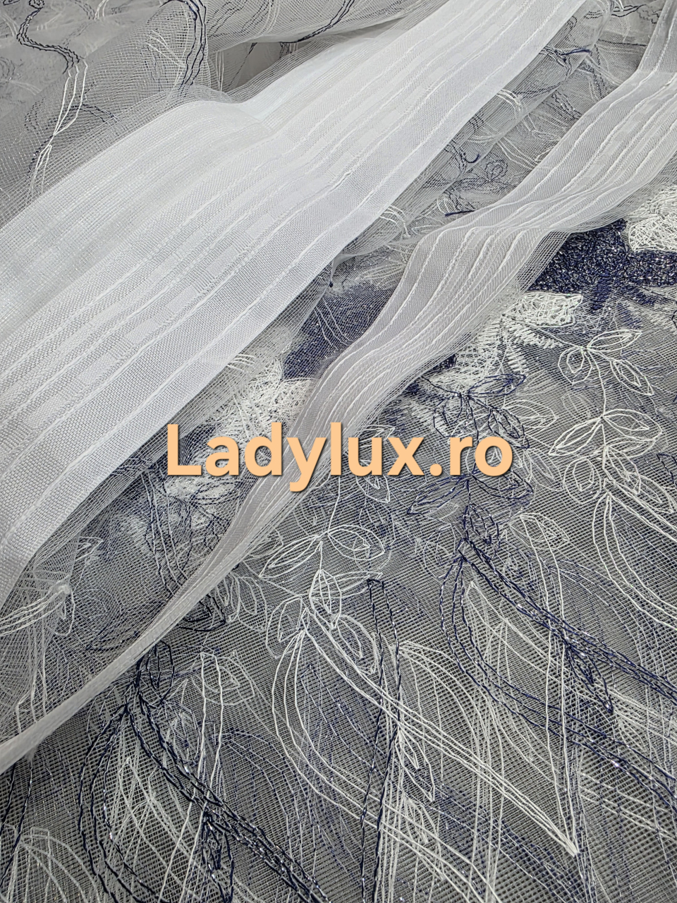 Perdea Tulle cu broderie Alb+Albastru - Model Trandafir Albastru 4M x 2.5h [3]