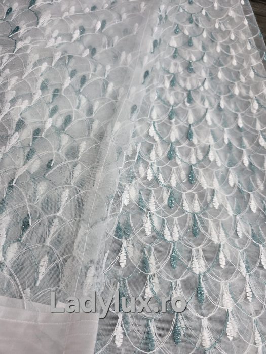 Perdea Tulle cu Broderie Alb+Turcoaz Model Sirena 4M x 2.5h Cu Tiv si Rejansa [4]