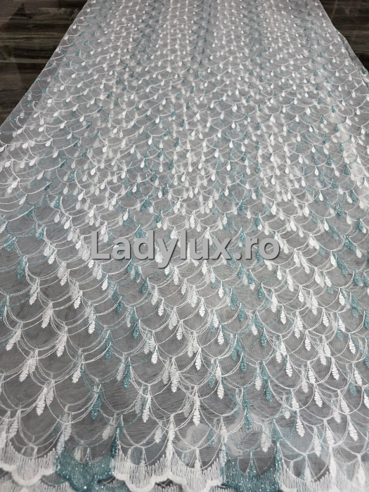Perdea Tulle cu Broderie Alb+Turcoaz Model Sirena 4M x 2.5h Cu Tiv si Rejansa [2]