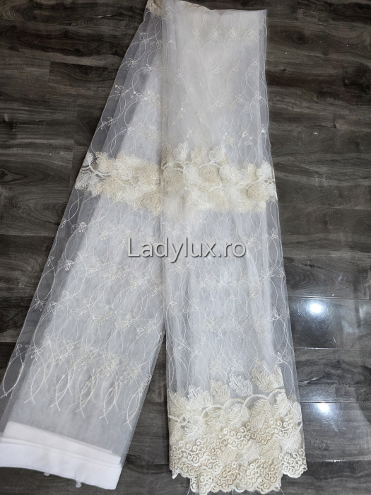 Perdea din tulle cu broderie Bej model frunze, gata făcută cu tiv și rejansă C1451 [2]