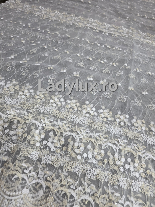 Perdea din Tulle cu Broderie Alb+Bej 3 M - Model Clodet Cu Tiv si Rejansa [2]