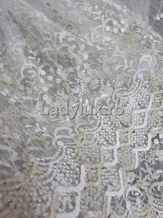 Perdea din Tulle cu Broderie Alb+Bej 3 M - Model Clodet Cu Tiv si Rejansa [5]