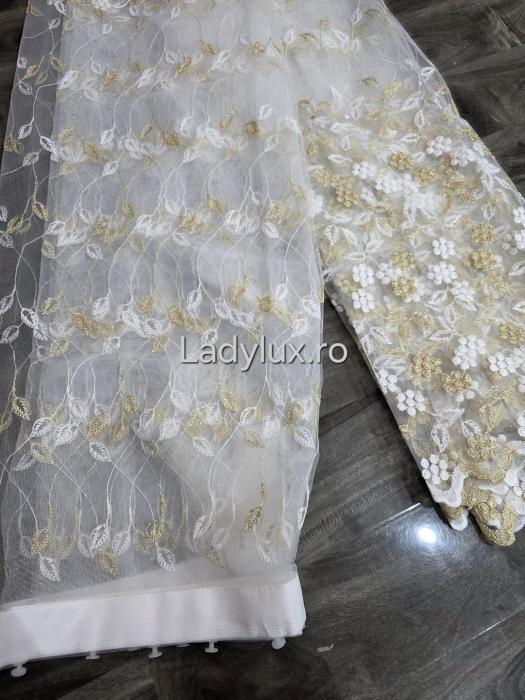 Perdea Tulle cu Broderie Alba+Aurie - Model Ciorchine - Cu Tiv si Rejansa - 4M x 2.5h [3]