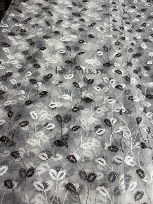 Perdea din tulle cu broderie Brawn+bej , model frunze, gata făcută cu tiv și rejansă C1593 [2]