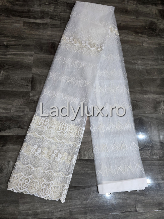 Perdea din tulle cu broderie Alb+bej model floral, gata făcută cu tiv și rejansă C1457 [2]