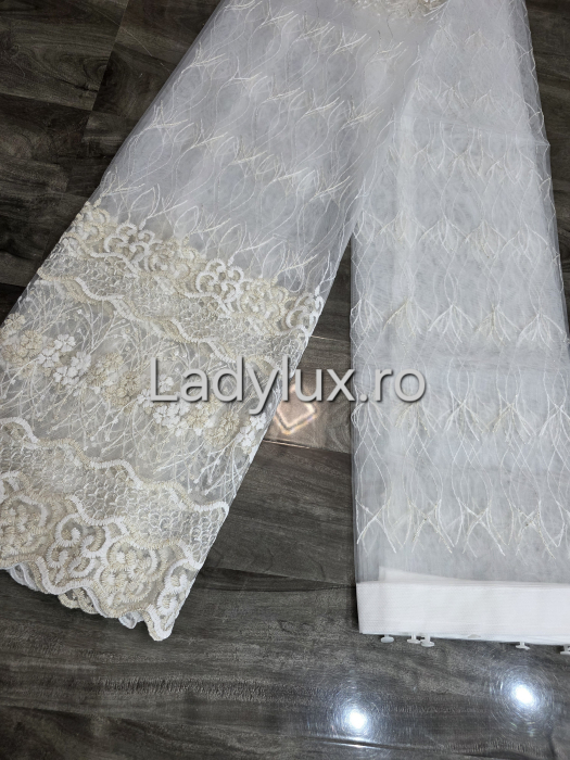 Perdea din tulle cu broderie Alb+bej model floral, gata făcută cu tiv și rejansă C1457 [3]