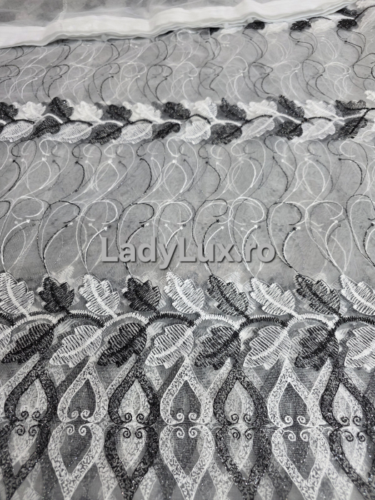 Perdea Tulle cu Broderie Negru+alb Model Frunze 3M x 2.5h Cu Tiv si Rejansa [2]