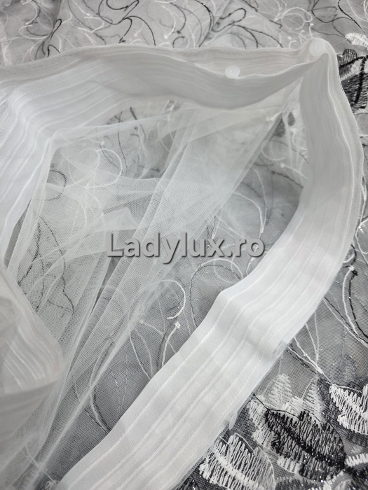Perdea din tulle cu broderie Negru+alb , Model Frunze 4M x 2.8h [3]