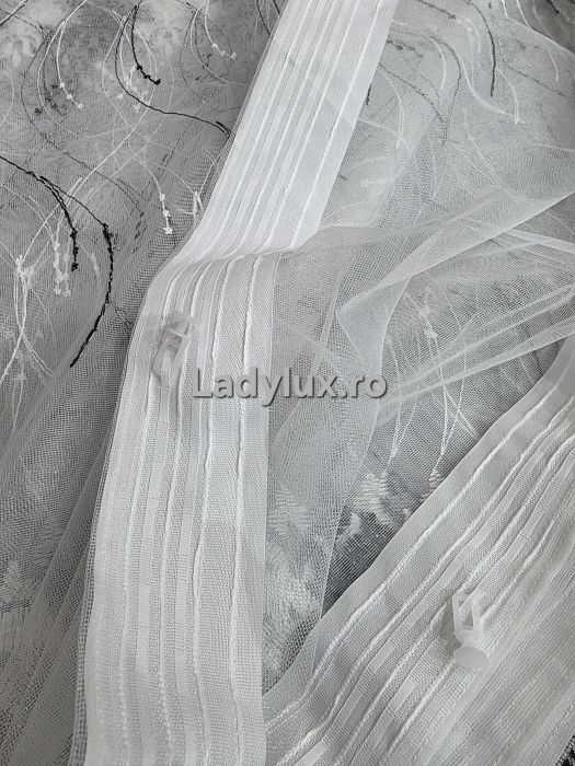 Perdea Tulle cu Broderie Alb+Negru, Model Paun 3M x 2.5h Cu Tiv si Rejansa [3]