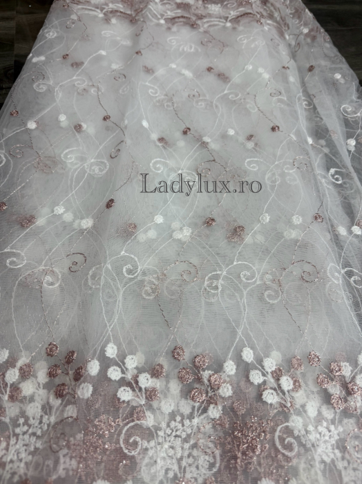Perdea din tulle cu broderie Roz+alb , model floral, gata făcută cu tiv și rejansă C1598 [2]
