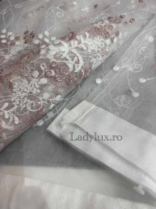 Perdea din tulle cu broderie Roz+alb , model floral, gata făcută cu tiv și rejansă C1598 [3]