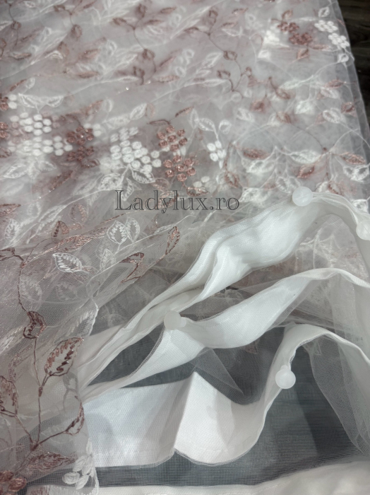 Perdea din tulle cu broderie Roz+alb , model margaritar, gata făcută cu tiv și rejansă C1599 [3]