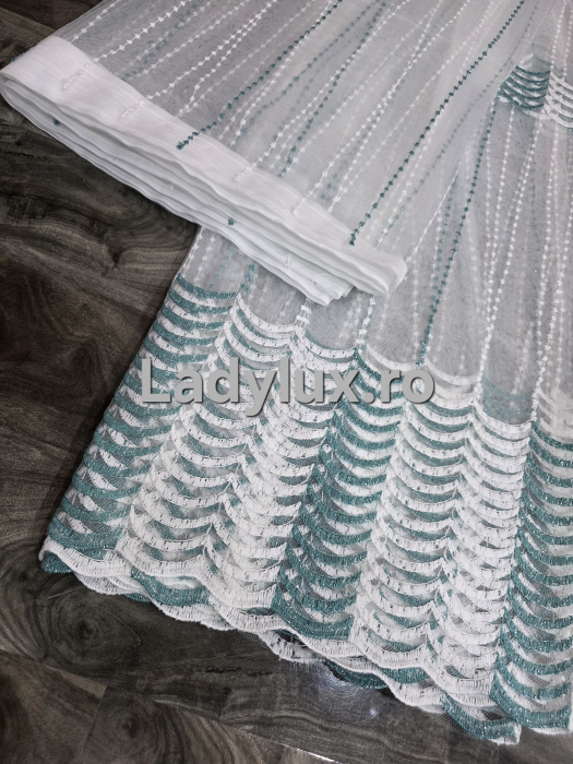 Perdea Tulle cu Broderie Alb+Turcoaz - Model Soly 4M x 2.5h Cu Tiv si Rejansa [3]